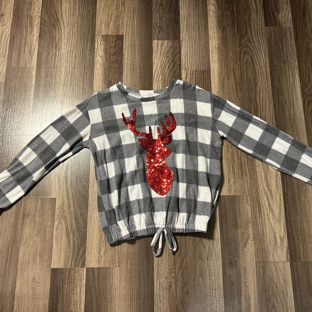 Kids Gray Checkered Sweater with Red Sequin Deer